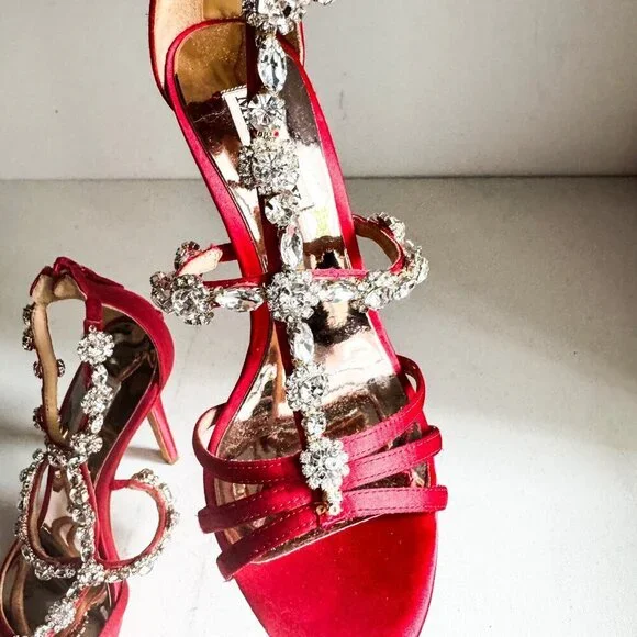 Badgley Mischka coral red satin rhinestone  cocktail heels shoes 5.5 - Picture 9 of 10